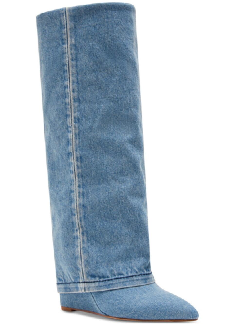 Madden Girl Evannder Denim Knee High Boots 7.5 Blue Pointed Toe Pull On